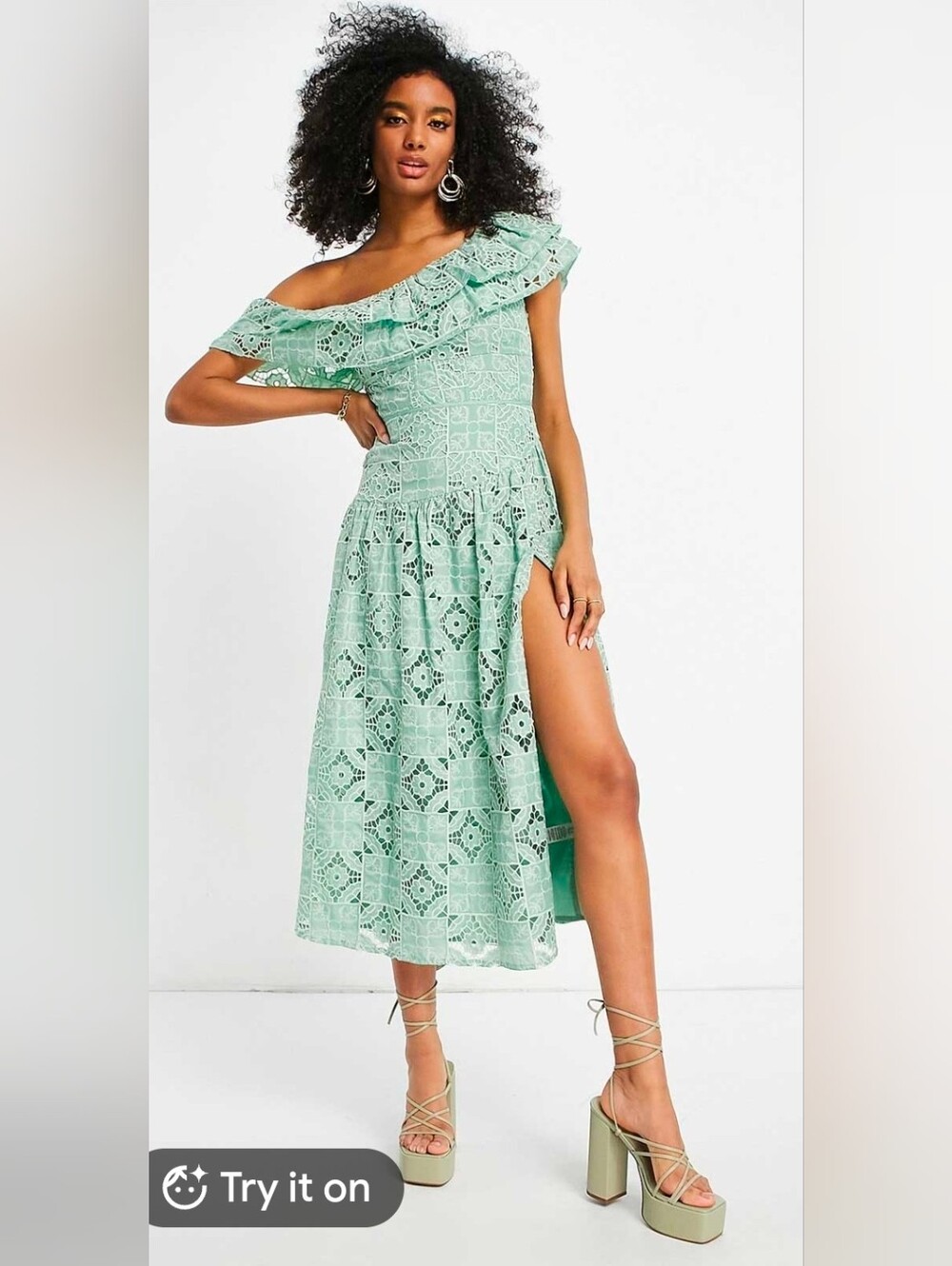 ASOS Mint Green One-Shoulder Eyelet Ruffle Midi Dress Size 8